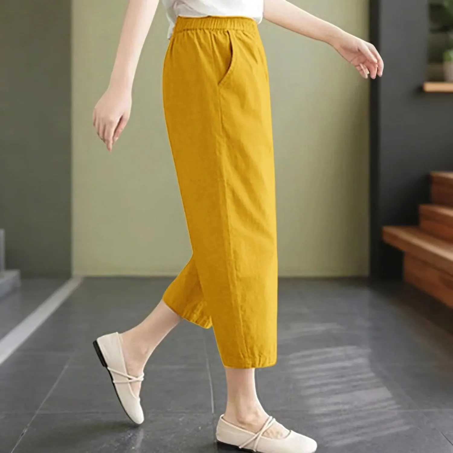 Capris Pants for Women Cotton Linen Summer 2025 Casual Straight Wide Leg Drawstring Elastic Waist Cropped Trousers