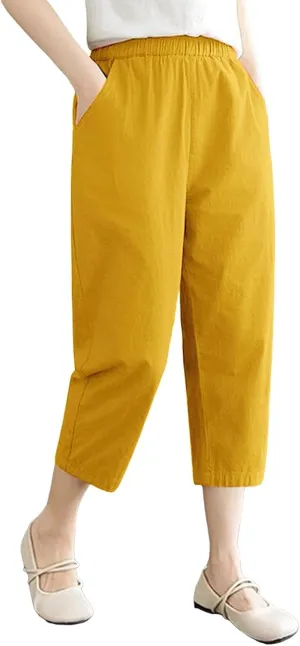 Capris Pants for Women Cotton Linen Summer 2025 Casual Straight Wide Leg Drawstring Elastic Waist Cropped Trousers