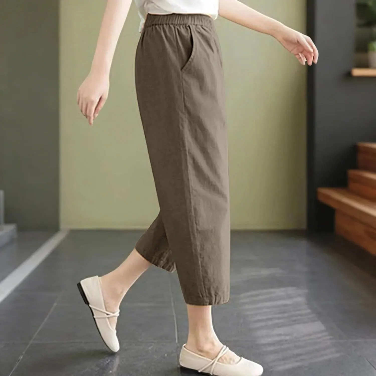 Capris Pants for Women Cotton Linen Summer 2025 Casual Straight Wide Leg Drawstring Elastic Waist Cropped Trousers
