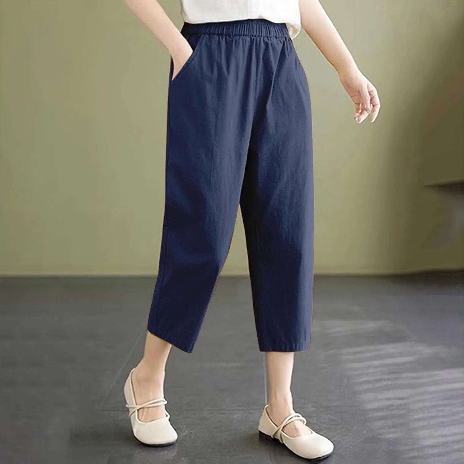 Capris Pants for Women Cotton Linen Summer 2025 Casual Straight Wide Leg Drawstring Elastic Waist Cropped Trousers