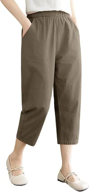 Capris Pants for Women Cotton Linen Summer 2025 Casual Straight Wide Leg Drawstring Elastic Waist Cropped Trousers