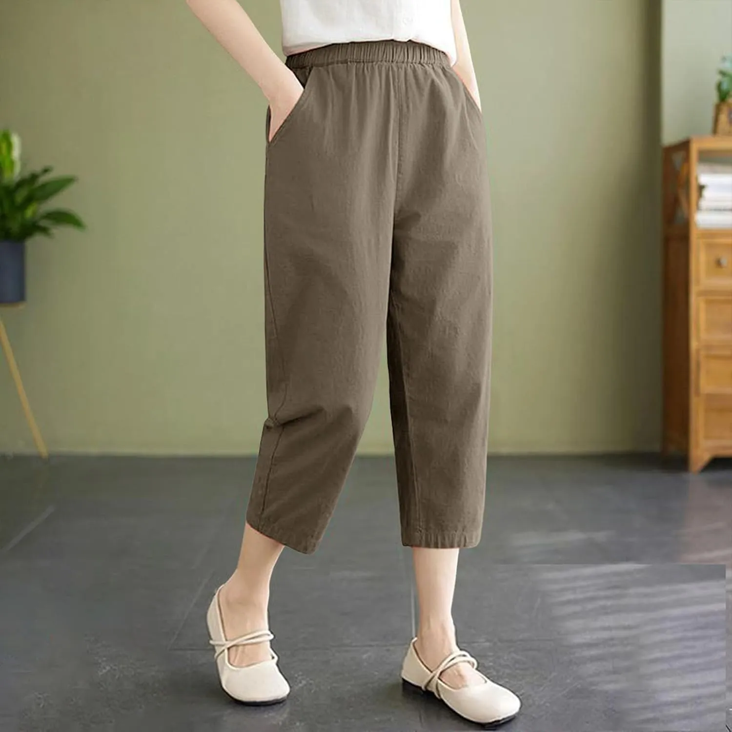 Capris Pants for Women Cotton Linen Summer 2025 Casual Straight Wide Leg Drawstring Elastic Waist Cropped Trousers