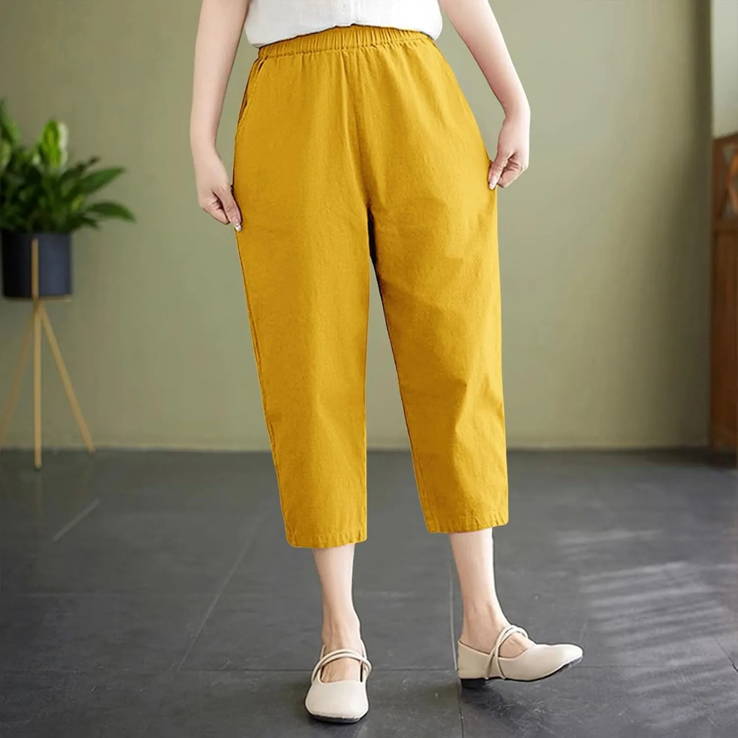 Capris Pants for Women Cotton Linen Summer 2025 Casual Straight Wide Leg Drawstring Elastic Waist Cropped Trousers