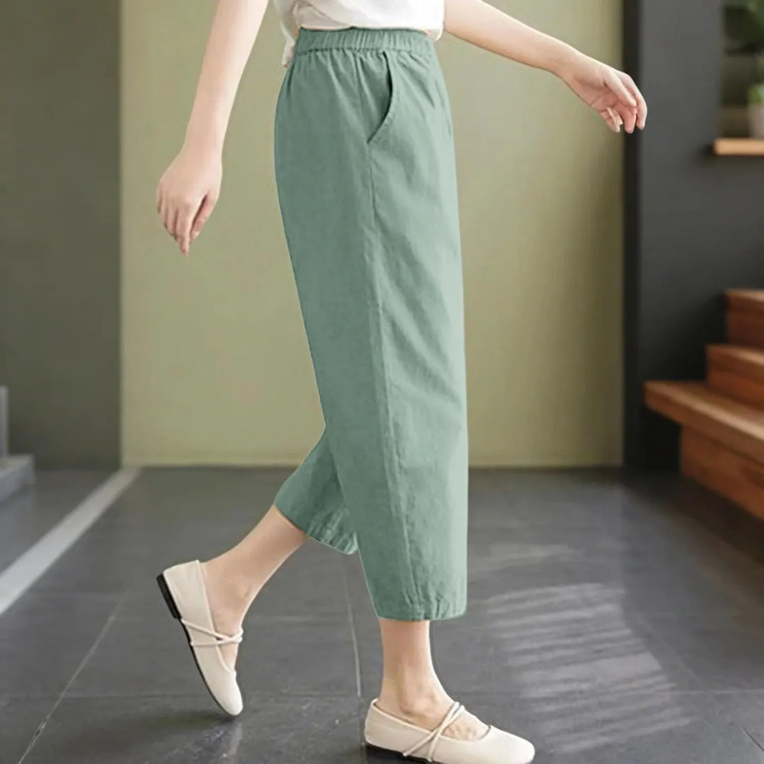 Capris Pants for Women Cotton Linen Summer 2025 Casual Straight Wide Leg Drawstring Elastic Waist Cropped Trousers