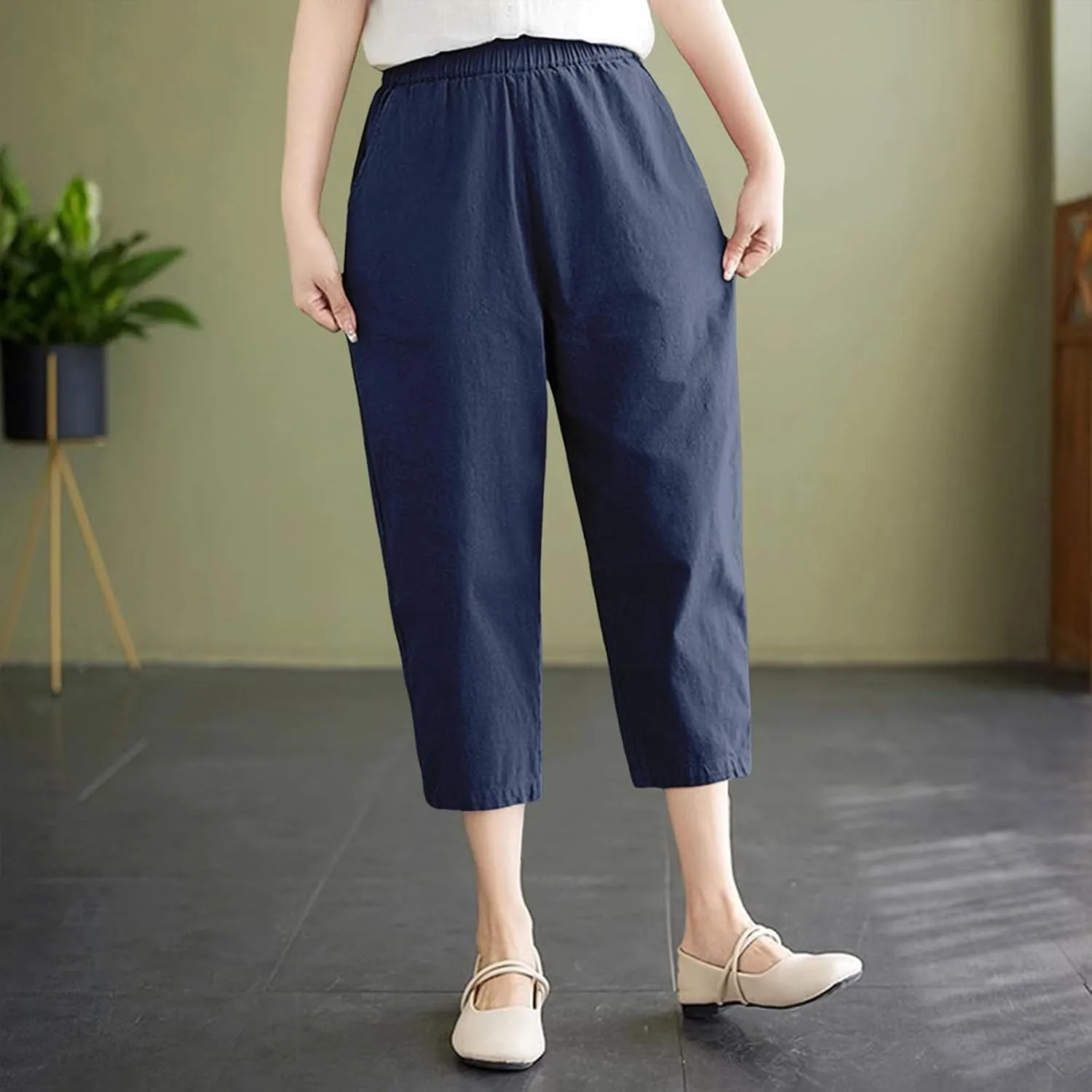 Capris Pants for Women Cotton Linen Summer 2025 Casual Straight Wide Leg Drawstring Elastic Waist Cropped Trousers