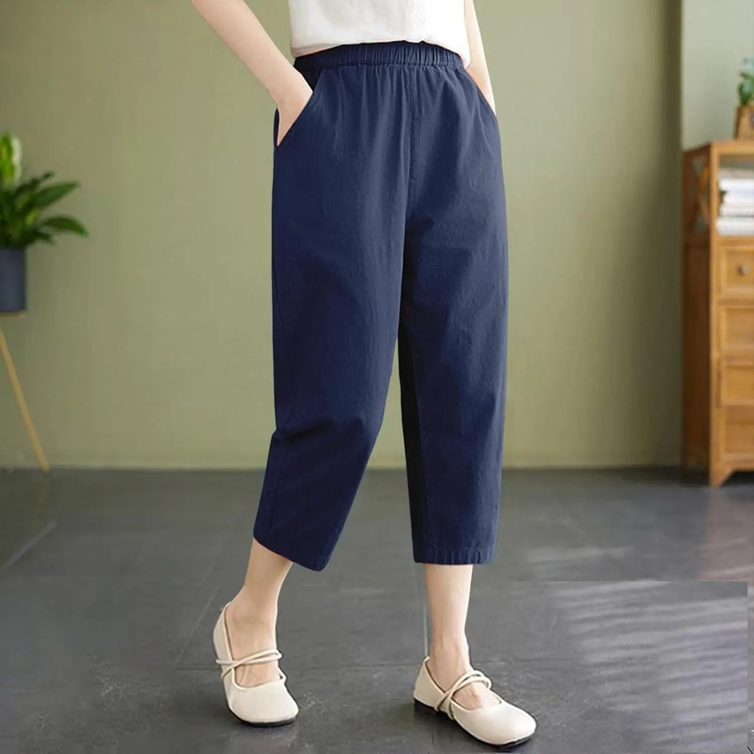 Capris Pants for Women Cotton Linen Summer 2025 Casual Straight Wide Leg Drawstring Elastic Waist Cropped Trousers
