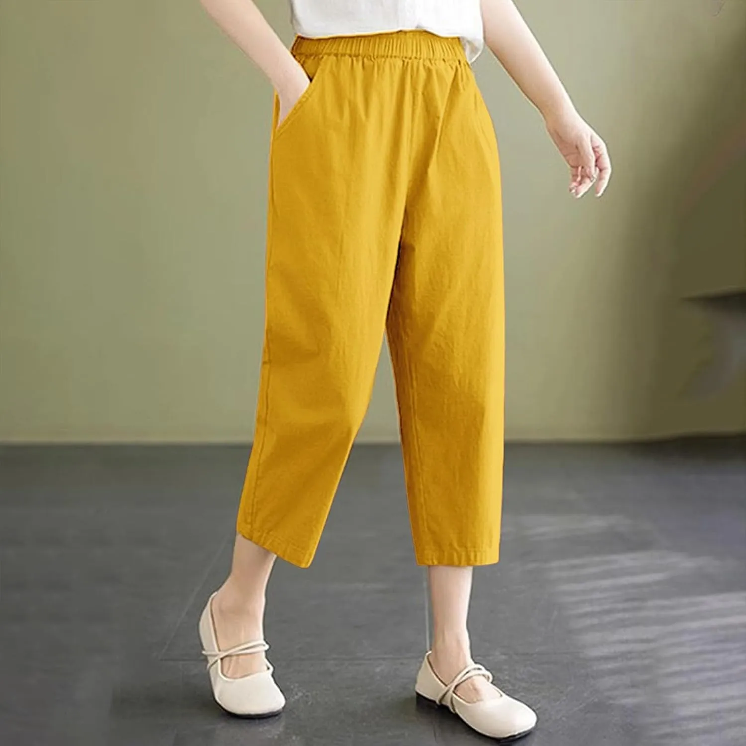 Capris Pants for Women Cotton Linen Summer 2025 Casual Straight Wide Leg Drawstring Elastic Waist Cropped Trousers