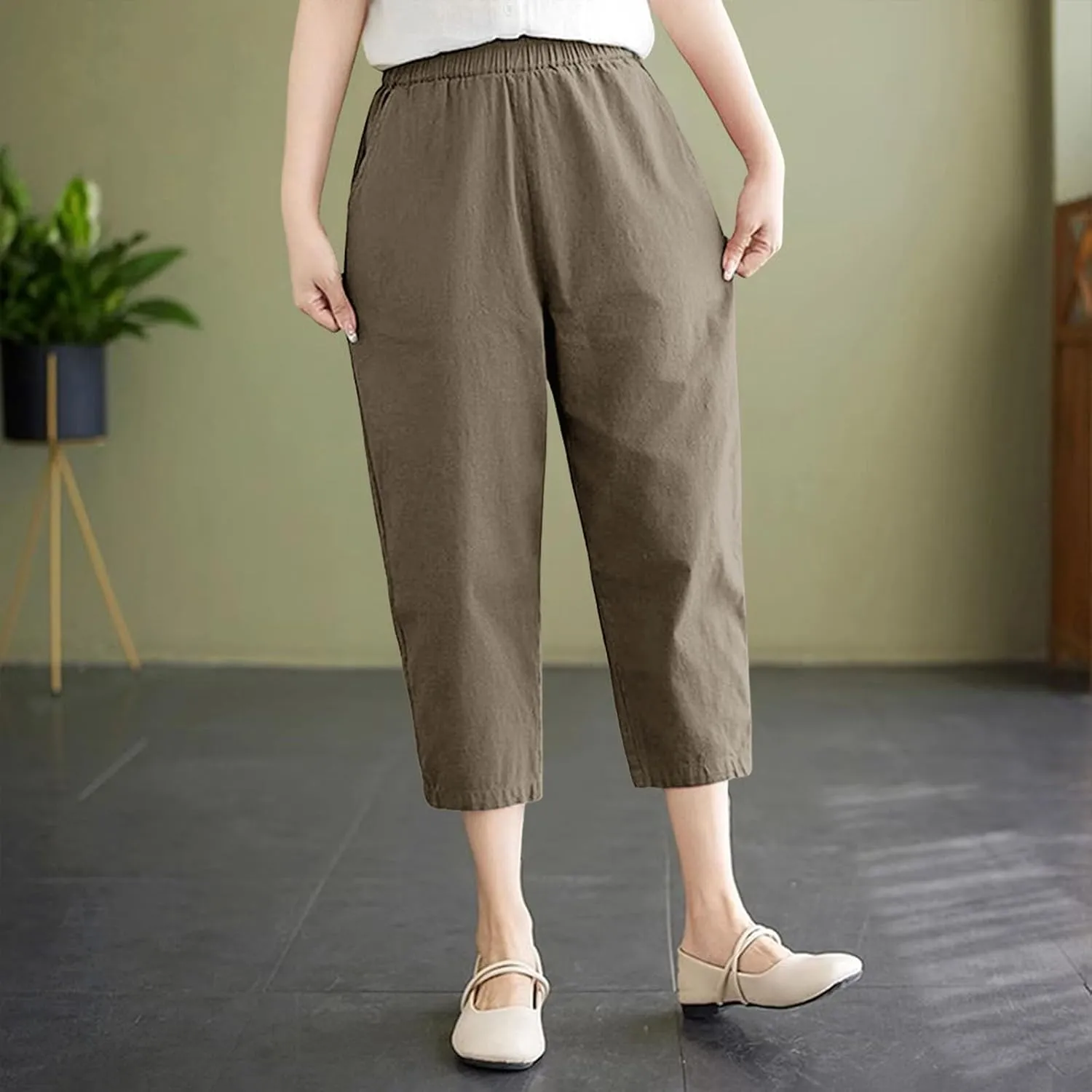 Capris Pants for Women Cotton Linen Summer 2025 Casual Straight Wide Leg Drawstring Elastic Waist Cropped Trousers