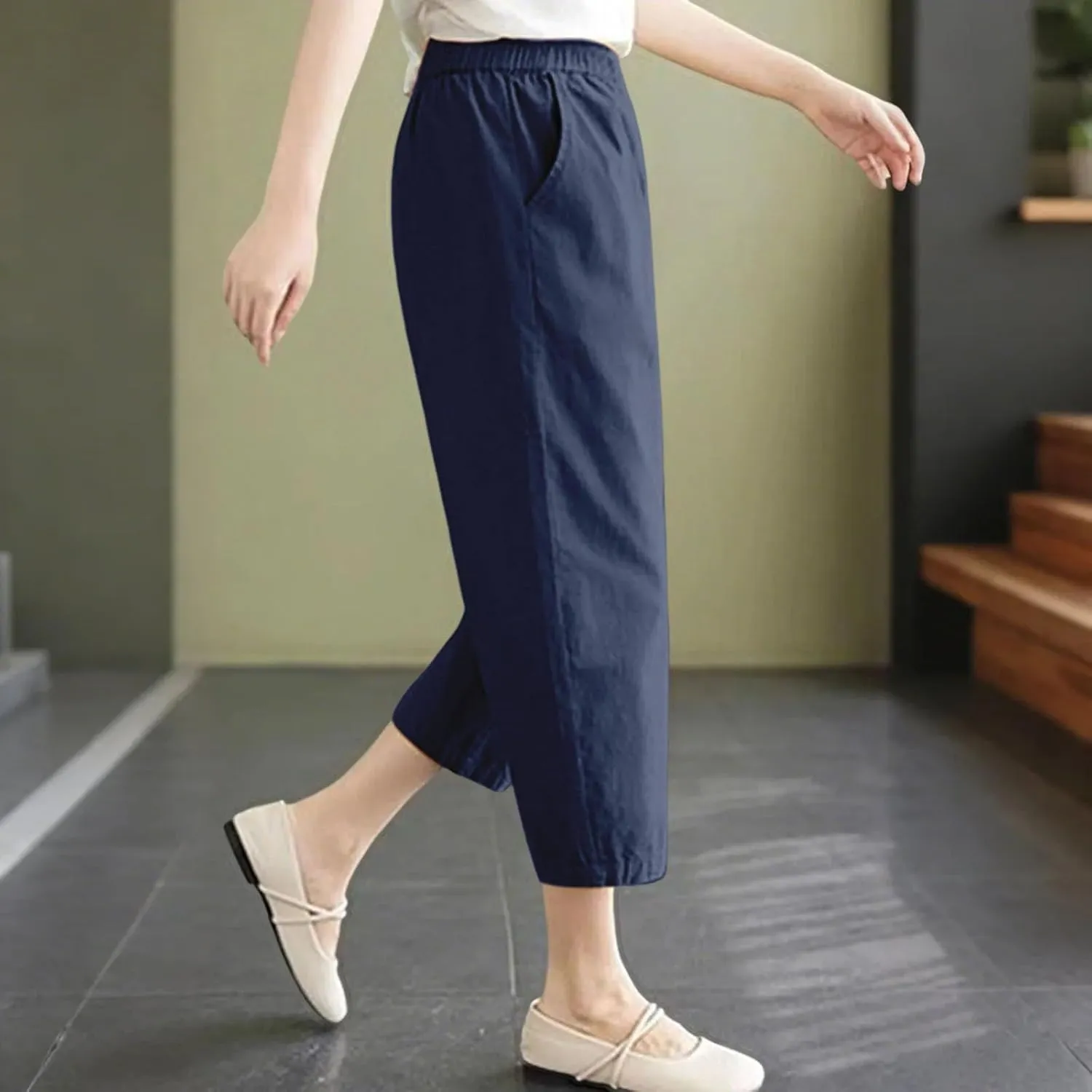 Capris Pants for Women Cotton Linen Summer 2025 Casual Straight Wide Leg Drawstring Elastic Waist Cropped Trousers
