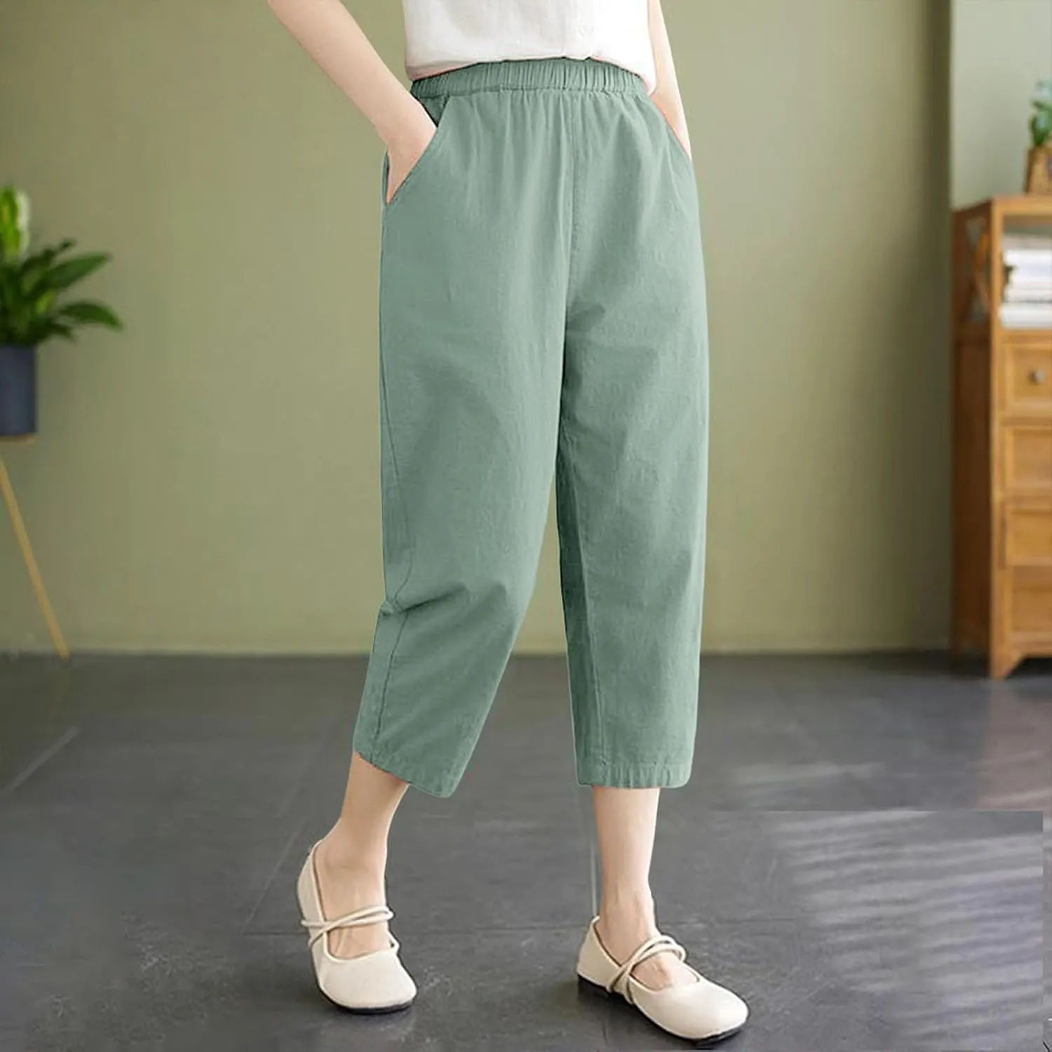 Capris Pants for Women Cotton Linen Summer 2025 Casual Straight Wide Leg Drawstring Elastic Waist Cropped Trousers