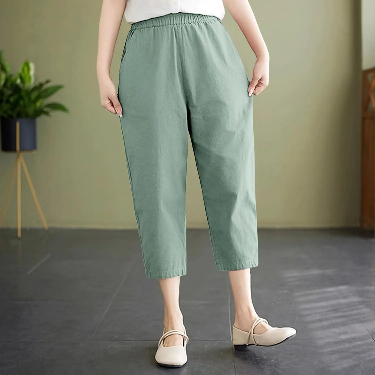 Capris Pants for Women Cotton Linen Summer 2025 Casual Straight Wide Leg Drawstring Elastic Waist Cropped Trousers