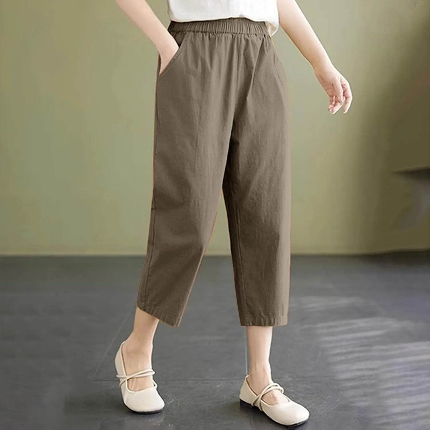 Capris Pants for Women Cotton Linen Summer 2025 Casual Straight Wide Leg Drawstring Elastic Waist Cropped Trousers