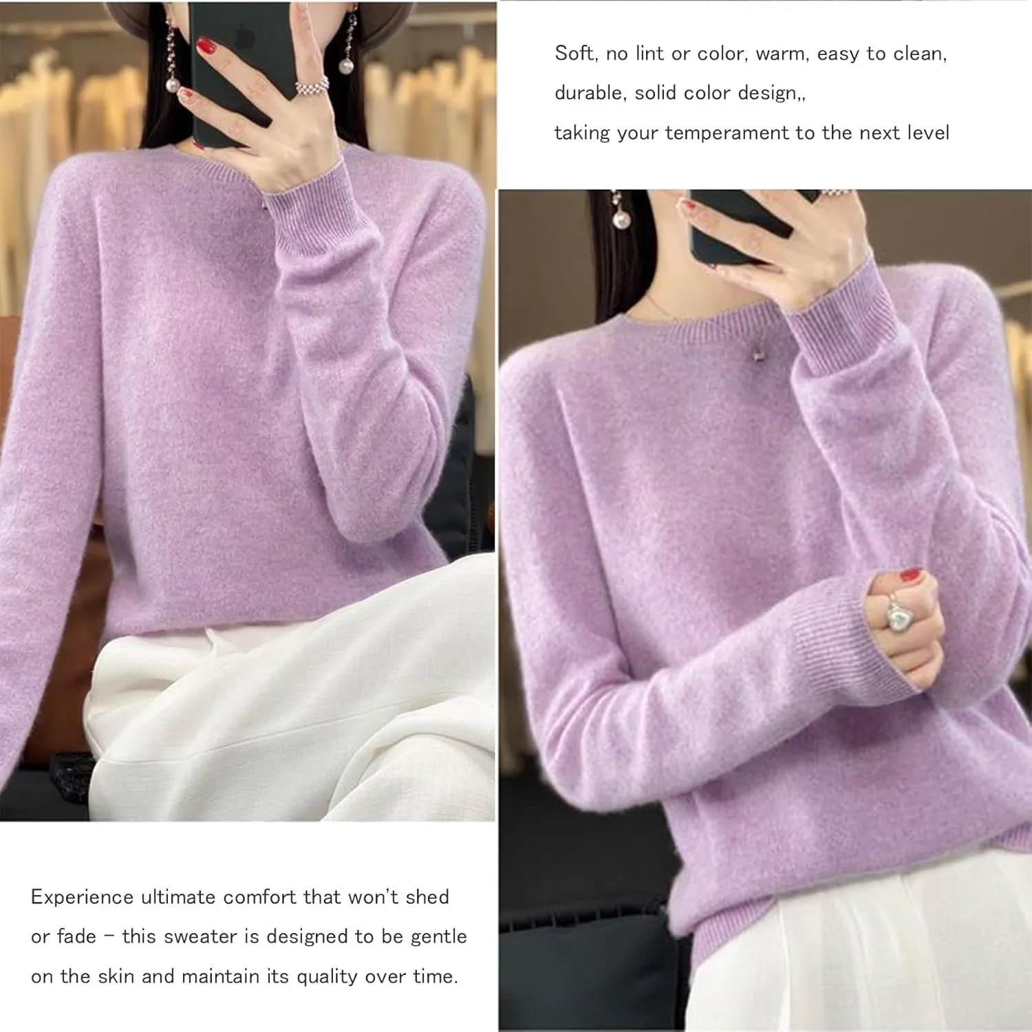 Cashmere Sweaters for Women, 100% Cashmere Crew Neck Warm Light Long Sleeve Elegant Soft Pullover Sweater