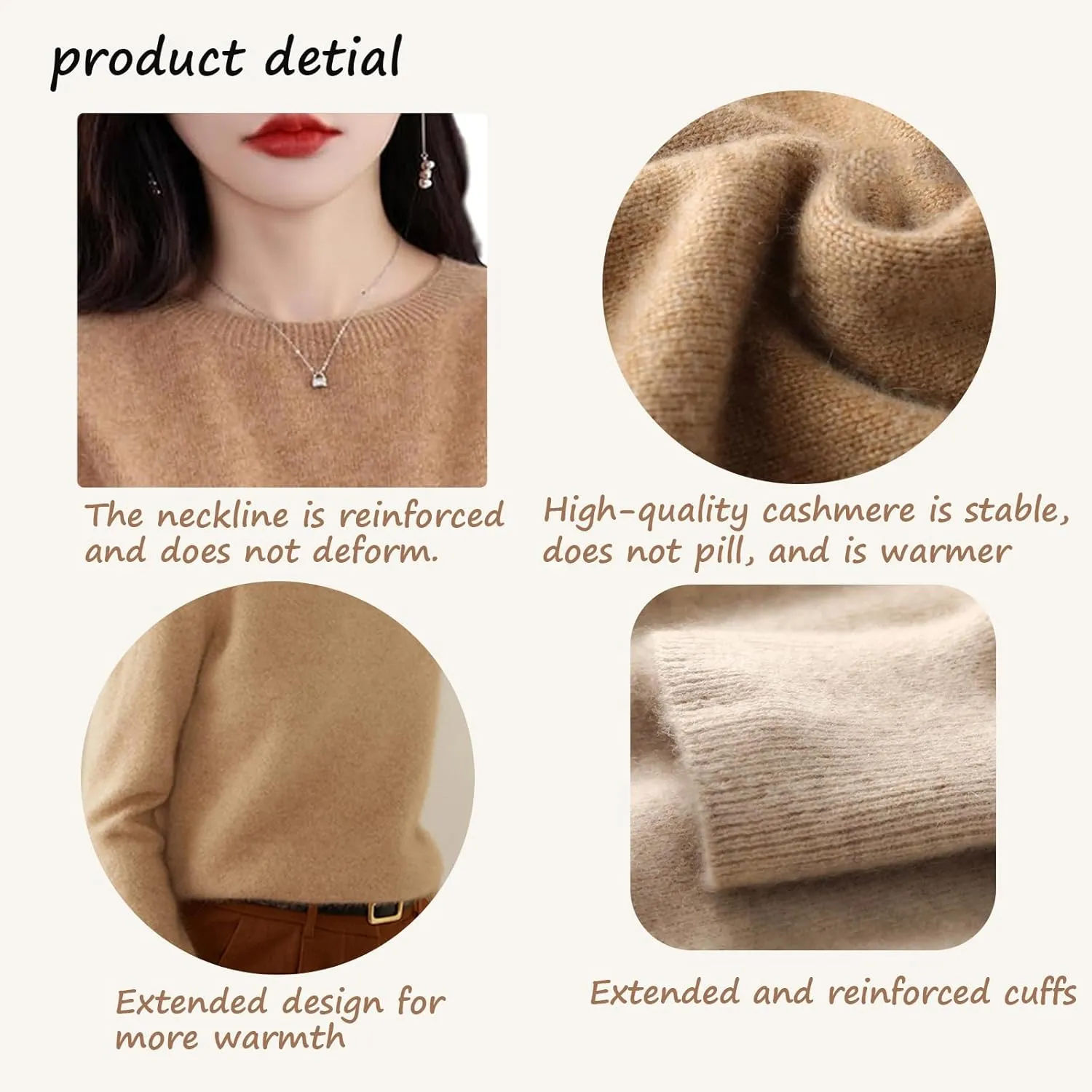 Cashmere Sweaters for Women, 100% Cashmere Crew Neck Warm Light Long Sleeve Elegant Soft Pullover Sweater