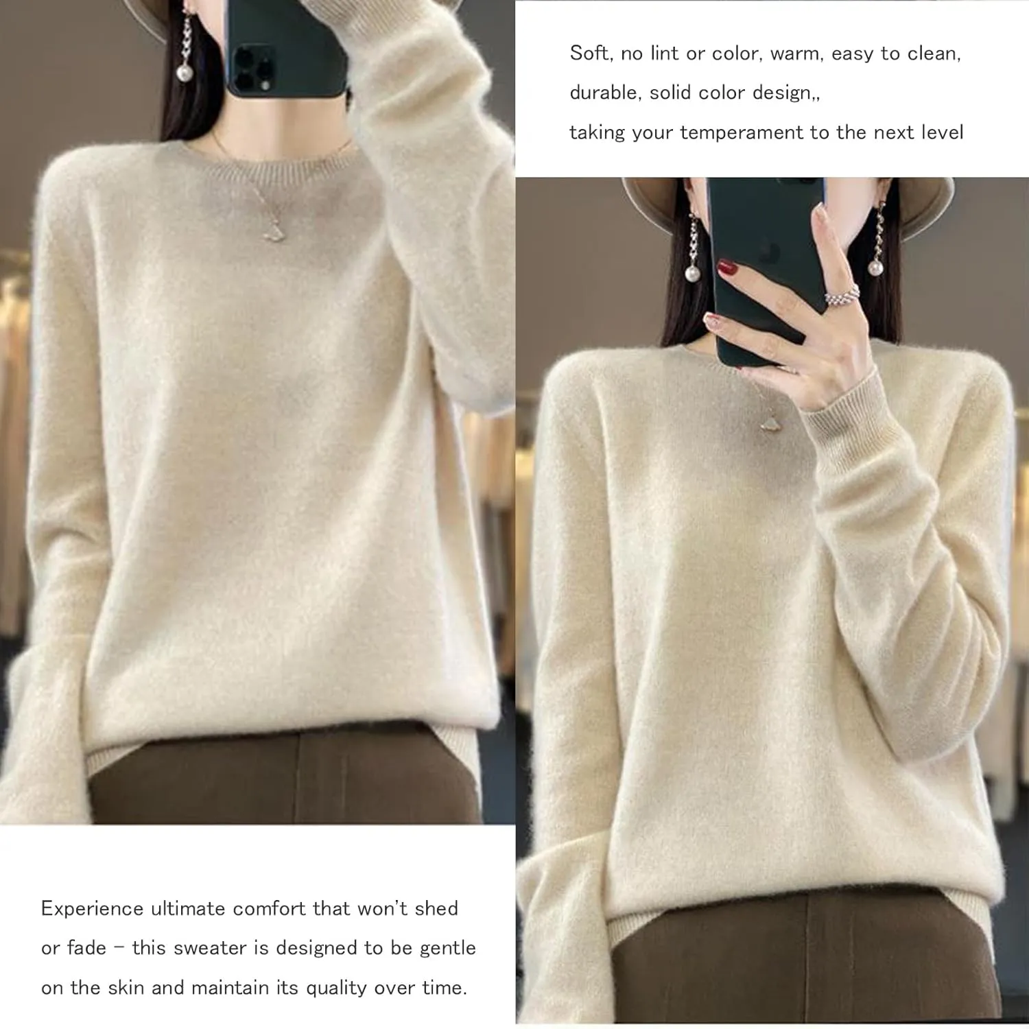Cashmere Sweaters for Women, 100% Cashmere Crew Neck Warm Light Long Sleeve Elegant Soft Pullover Sweater