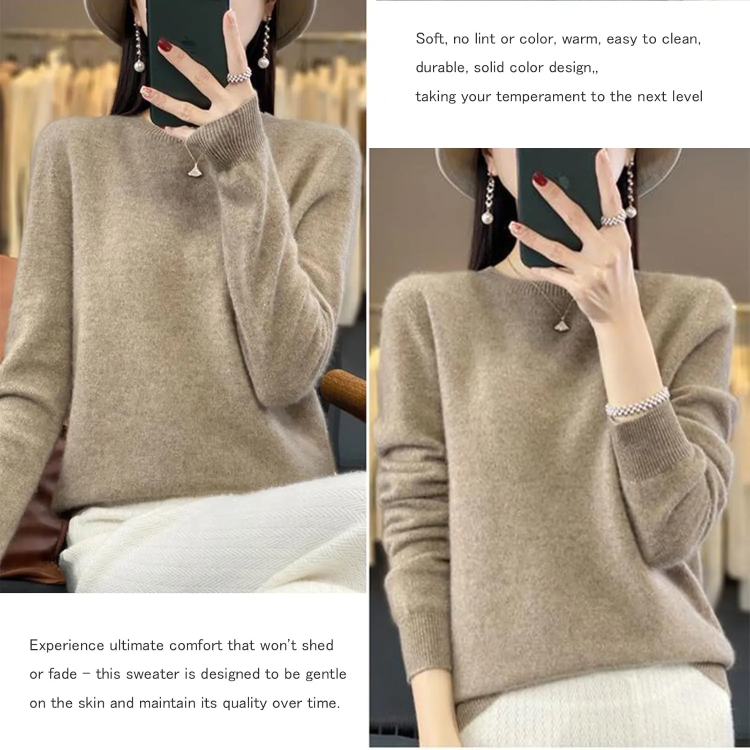 Cashmere Sweaters for Women, 100% Cashmere Crew Neck Warm Light Long Sleeve Elegant Soft Pullover Sweater
