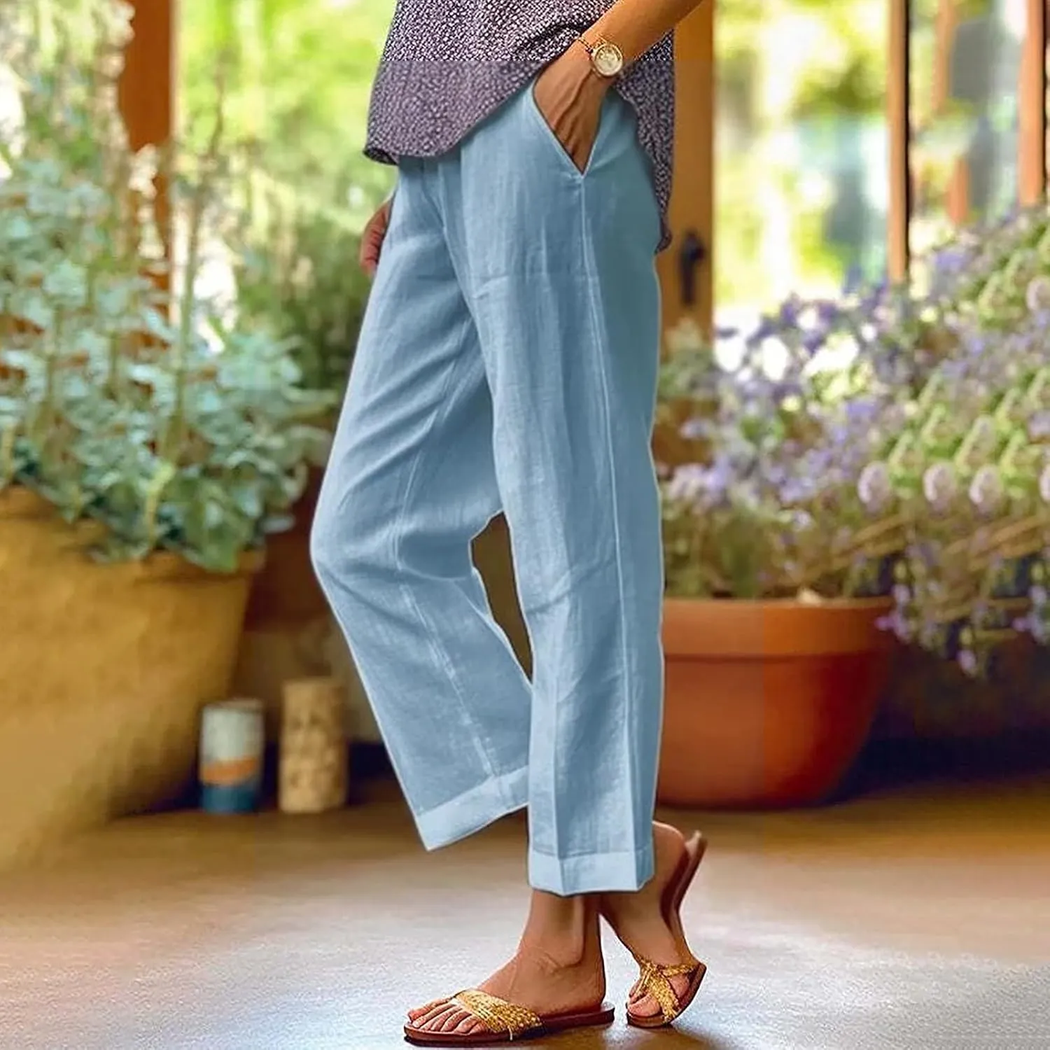 Casual Linen Pants for Women 2025 Solid Straight Elastic Pants Long Drawstring Linen Waist Cotton Casual Trousers