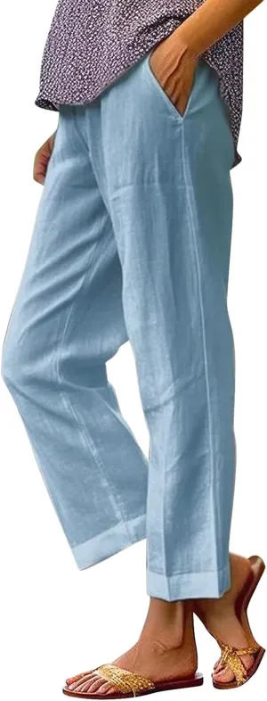 Casual Linen Pants for Women 2025 Solid Straight Elastic Pants Long Drawstring Linen Waist Cotton Casual Trousers