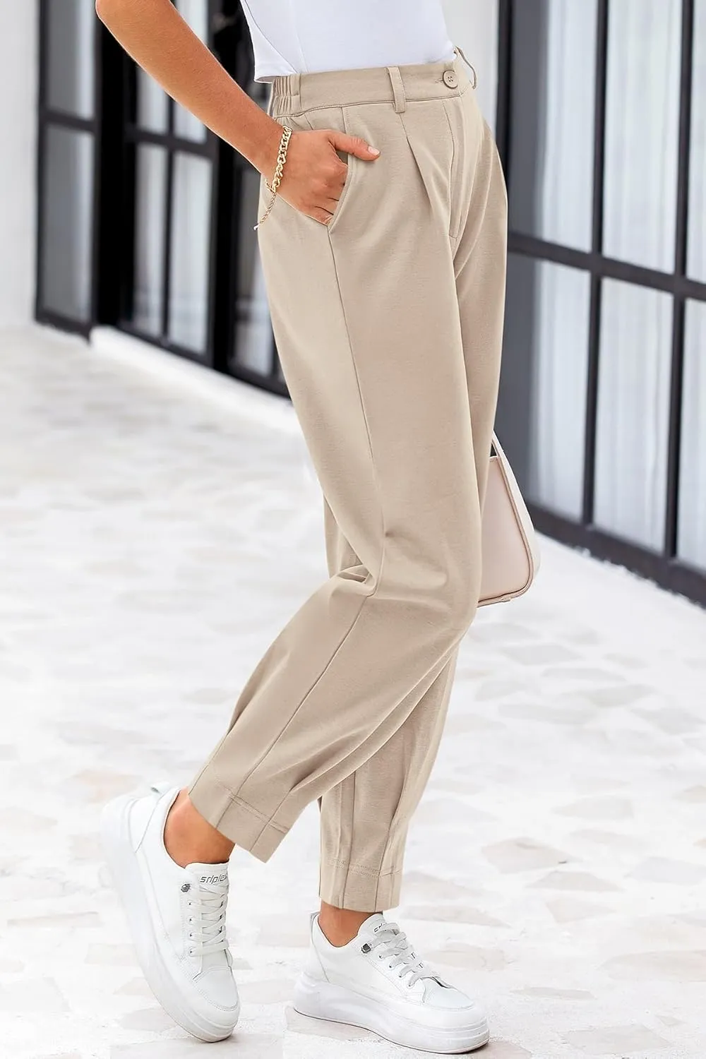 CFLONGE Women's Summer High Waisted Pants for Women 2025 Casual Ankle Length Pant for Work Office Trouser Slacks with Pockets