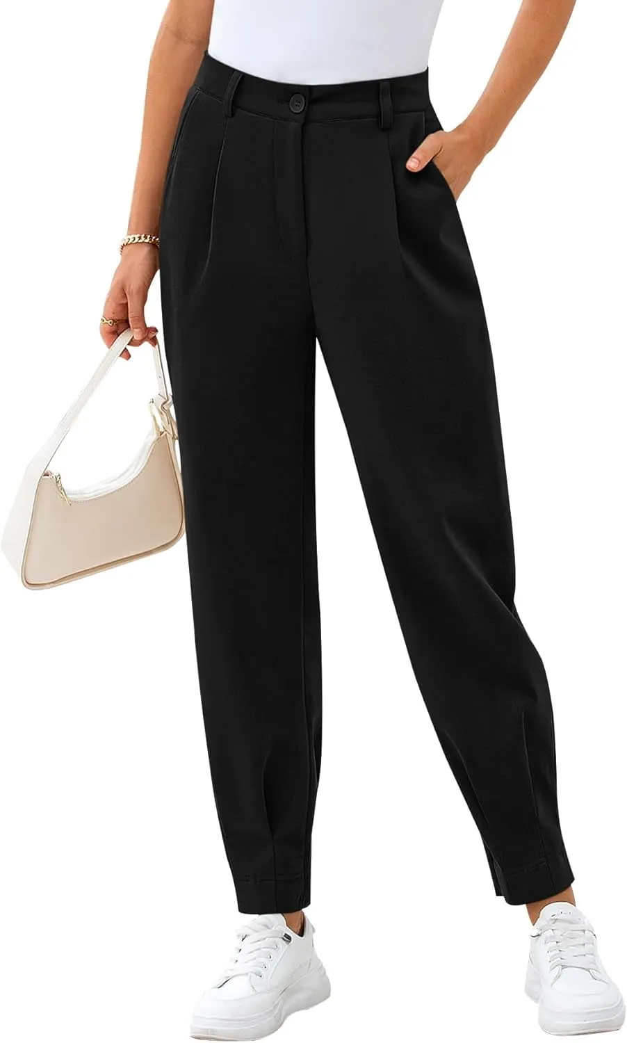 CFLONGE Women's Summer High Waisted Pants for Women 2025 Casual Ankle Length Pant for Work Office Trouser Slacks with Pockets