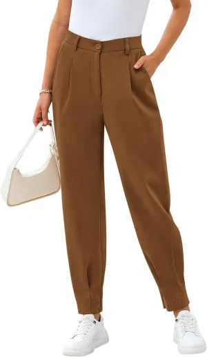 CFLONGE Women's Summer High Waisted Pants for Women 2025 Casual Ankle Length Pant for Work Office Trouser Slacks with Pockets