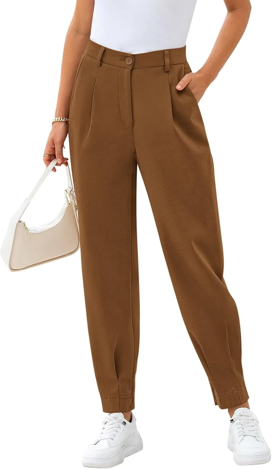 CFLONGE Women's Summer High Waisted Pants for Women 2025 Casual Ankle Length Pant for Work Office Trouser Slacks with Pockets