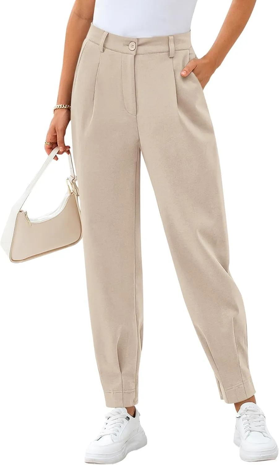 CFLONGE Women's Summer High Waisted Pants for Women 2025 Casual Ankle Length Pant for Work Office Trouser Slacks with Pockets