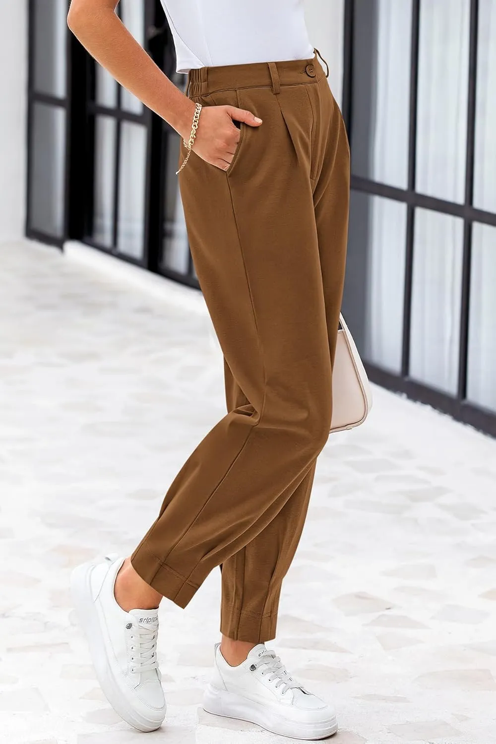 CFLONGE Women's Summer High Waisted Pants for Women 2025 Casual Ankle Length Pant for Work Office Trouser Slacks with Pockets