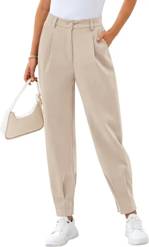 CFLONGE Women's Summer High Waisted Pants for Women 2025 Casual Ankle Length Pant for Work Office Trouser Slacks with Pockets
