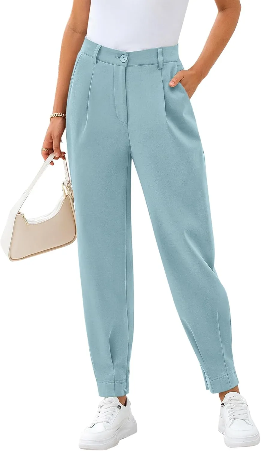 CFLONGE Women's Summer High Waisted Pants for Women 2025 Casual Ankle Length Pant for Work Office Trouser Slacks with Pockets