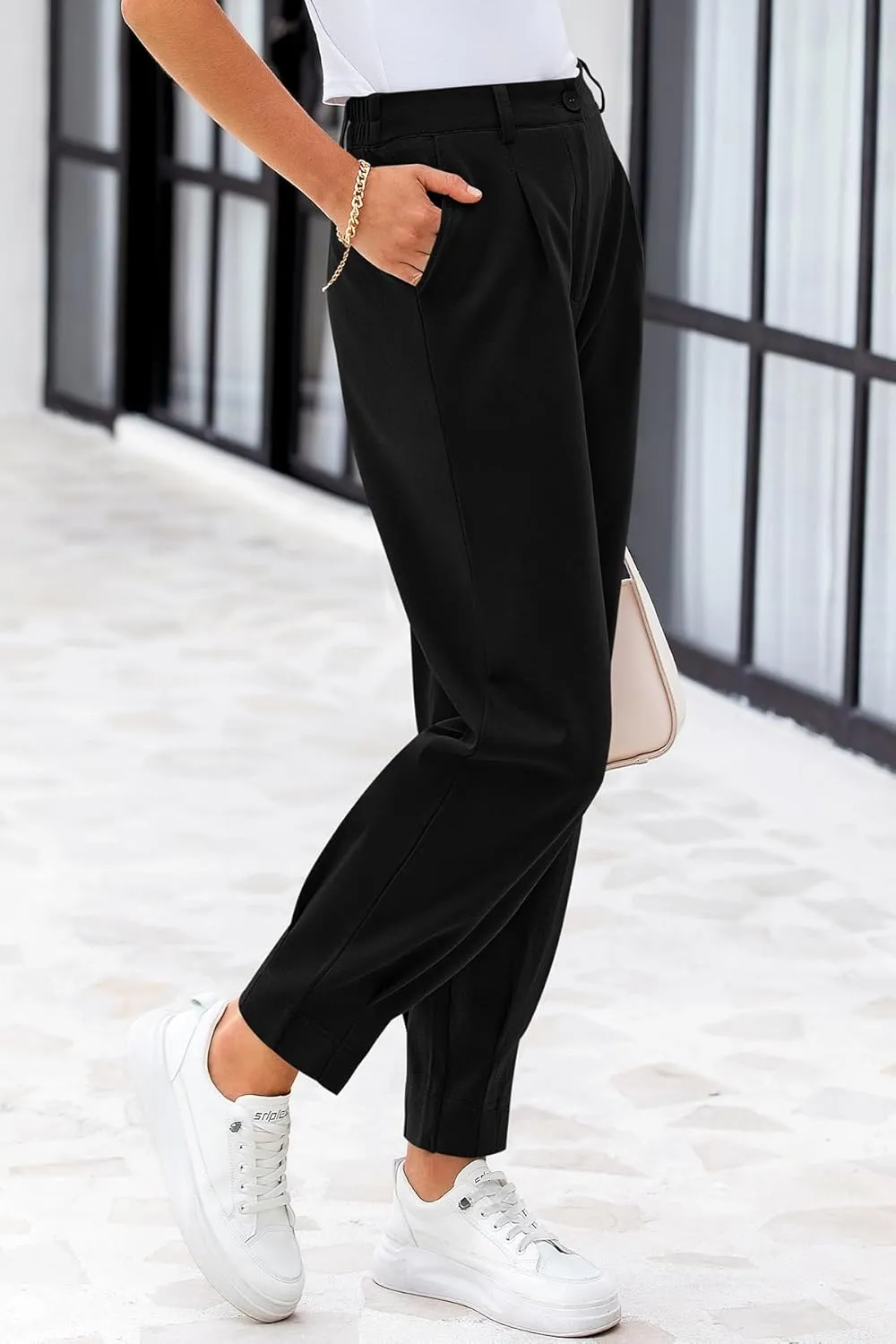 CFLONGE Women's Summer High Waisted Pants for Women 2025 Casual Ankle Length Pant for Work Office Trouser Slacks with Pockets