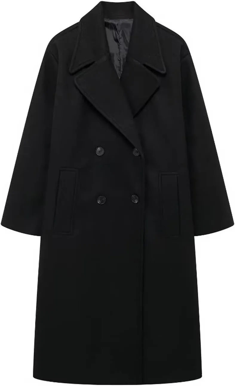 CHARTOU Women's Winter Double Breasted Tweed Pea Coat Trench Oversized Notch Lapel Long Jacket Overcoat Warm