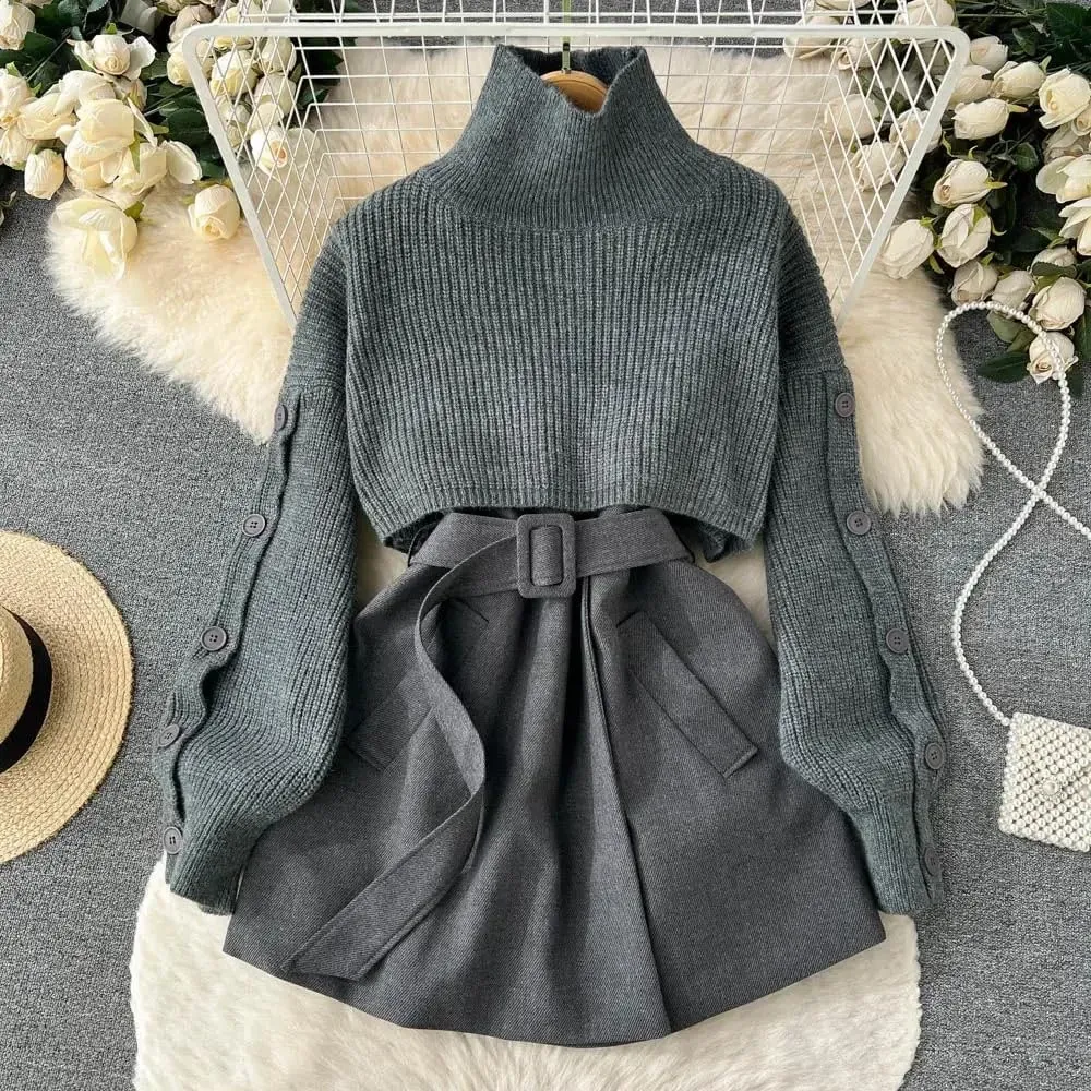 ChenKongHai Autumn and Winter Gentle Style Wear Women's Korean Short Sweater Vest Suit Skirt Two-Piece Set