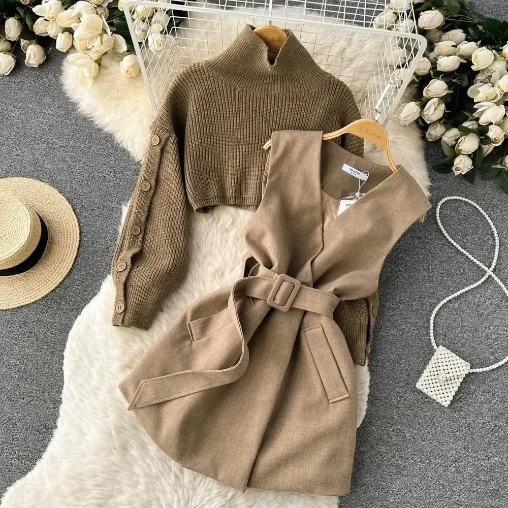 ChenKongHai Autumn and Winter Gentle Style Wear Women's Korean Short Sweater Vest Suit Skirt Two-Piece Set