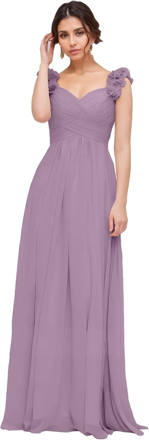 Chiffon Bridesmaid Dresses for Women with Pleated Shoulder Flower Long Formal Gown for Wedding NO93
