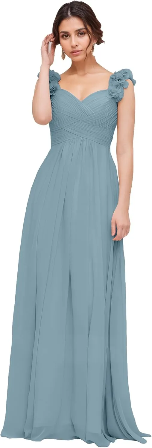 Chiffon Bridesmaid Dresses for Women with Pleated Shoulder Flower Long Formal Gown for Wedding NO93