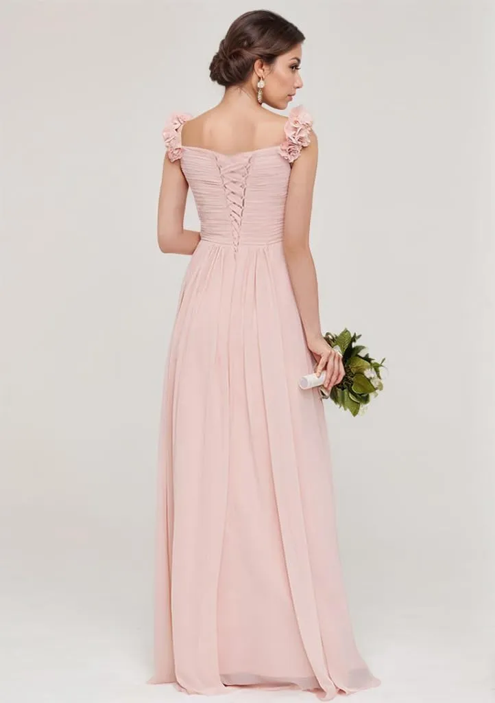 Chiffon Bridesmaid Dresses for Women with Pleated Shoulder Flower Long Formal Gown for Wedding NO93