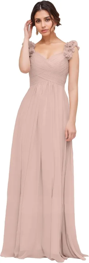 Chiffon Bridesmaid Dresses for Women with Pleated Shoulder Flower Long Formal Gown for Wedding NO93