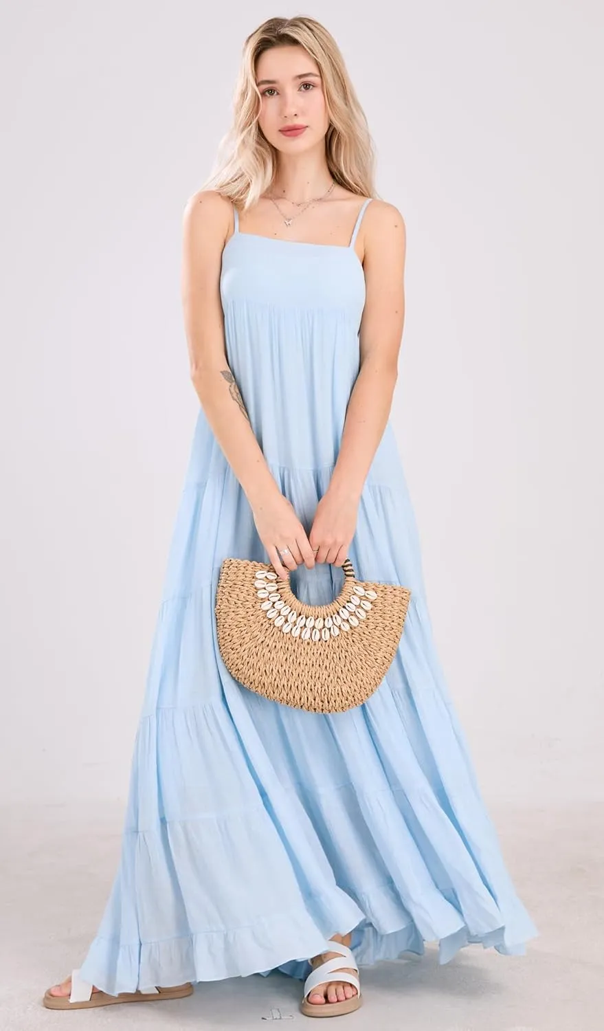chouyatou Women's Summer Boho Flowy Spaghetti Strap Maxi Dress Smocked Back Casual Swing Beach Sundress