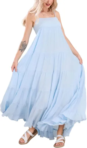 chouyatou Women's Summer Boho Flowy Spaghetti Strap Maxi Dress Smocked Back Casual Swing Beach Sundress