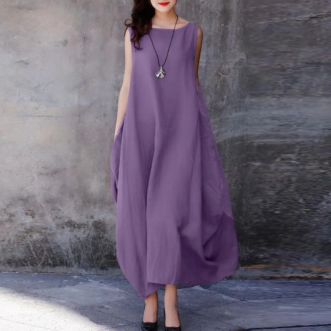 chouyatou Womens Summer Casual Sleeveless Cotton Linen Tank Dress Loose Beach Midi Sundress with Pockets