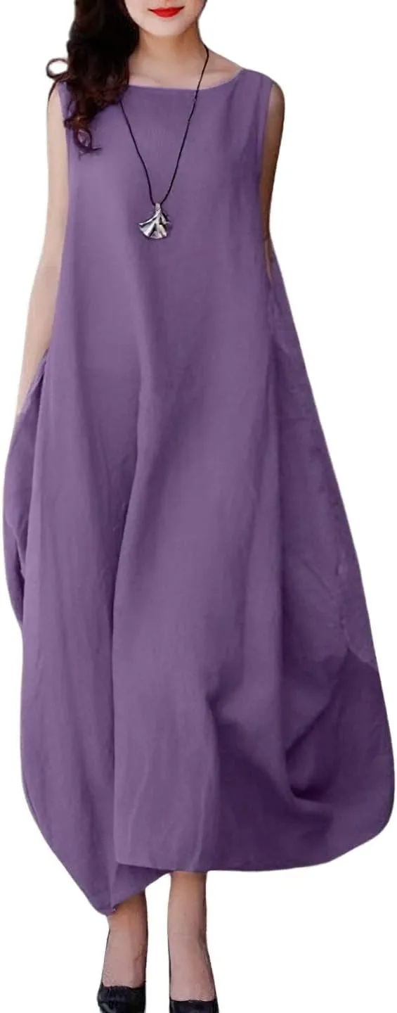 chouyatou Womens Summer Casual Sleeveless Cotton Linen Tank Dress Loose Beach Midi Sundress with Pockets