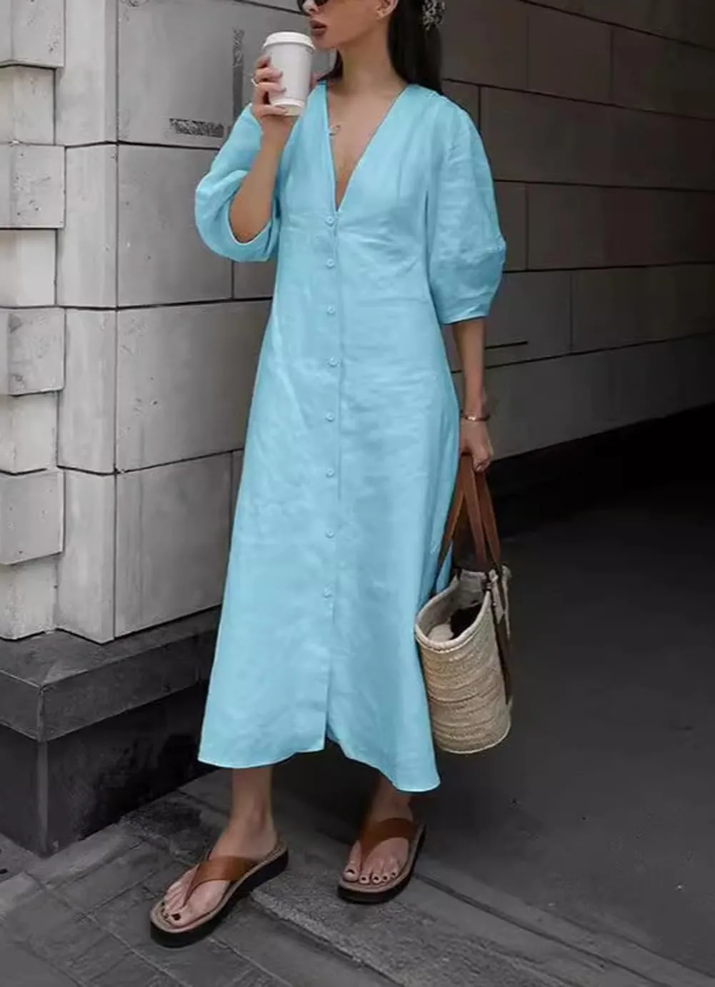 chouyatou Women's Summer Short Puff Sleeve Button Down Dress Cotton Linen Casual Midi Long A-Line Dress