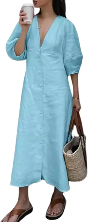chouyatou Women's Summer Short Puff Sleeve Button Down Dress Cotton Linen Casual Midi Long A-Line Dress