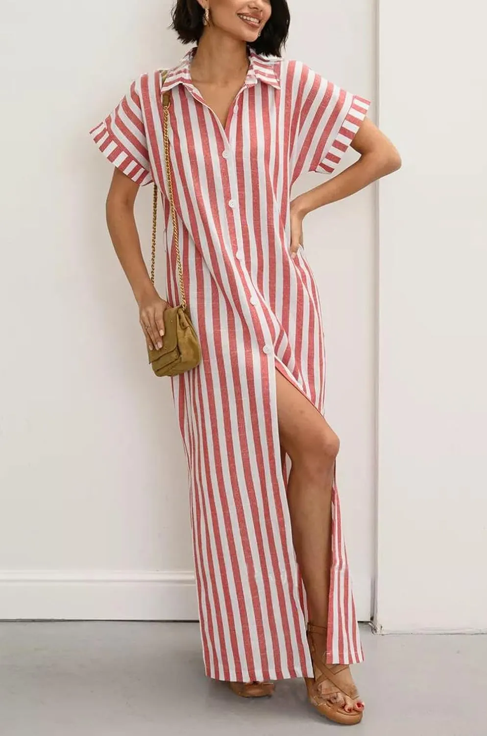 chouyatou Women's Summer Short Sleeve Striped Shirt Dress Beach Maxi Long Belted Casual Button Down Dress
