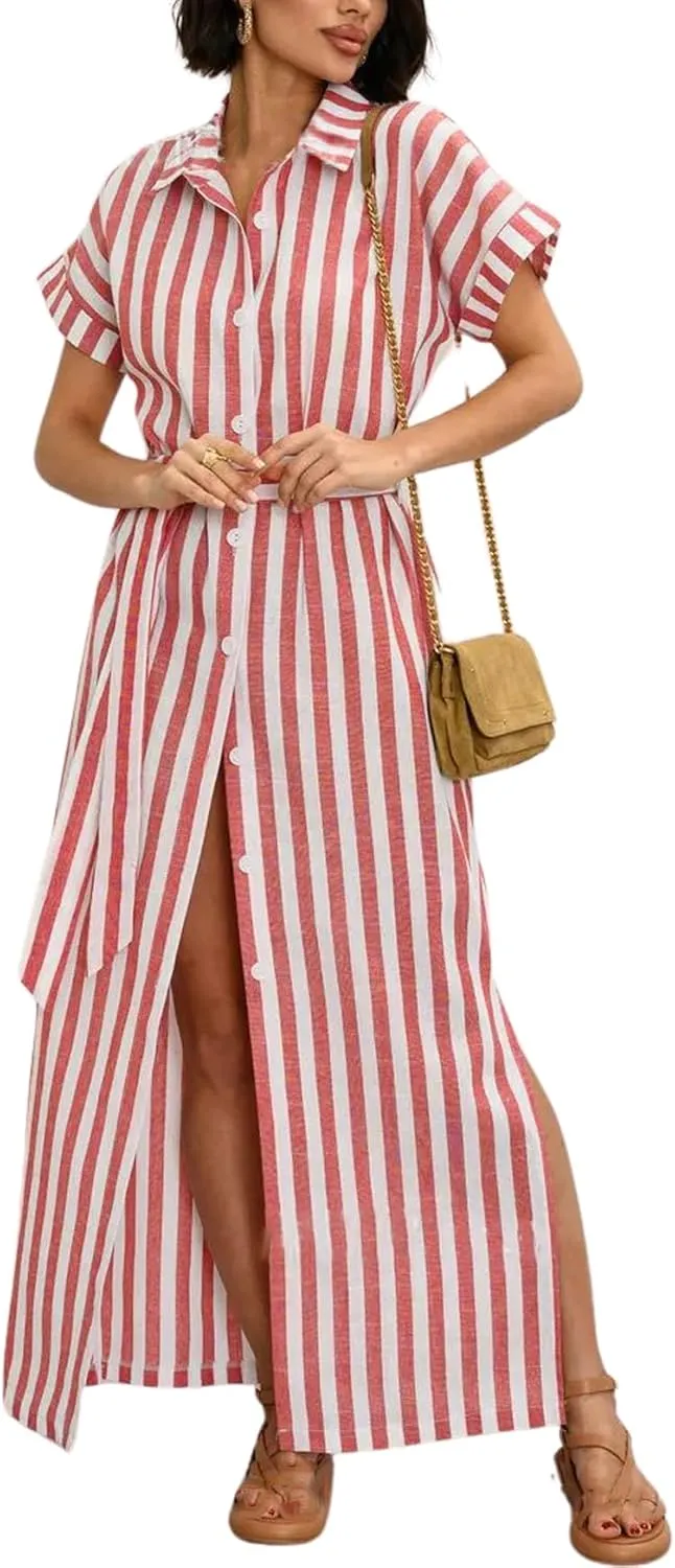 chouyatou Women's Summer Short Sleeve Striped Shirt Dress Beach Maxi Long Belted Casual Button Down Dress