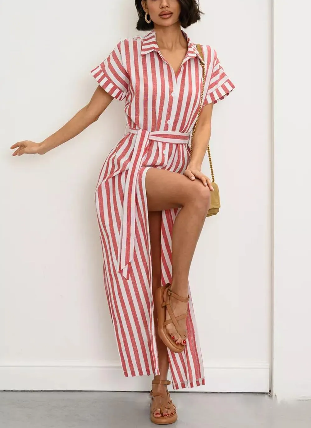 chouyatou Women's Summer Short Sleeve Striped Shirt Dress Beach Maxi Long Belted Casual Button Down Dress