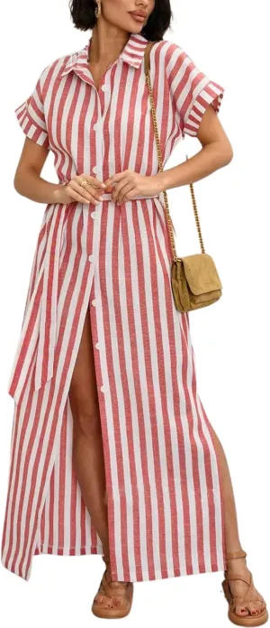 chouyatou Women's Summer Short Sleeve Striped Shirt Dress Beach Maxi Long Belted Casual Button Down Dress
