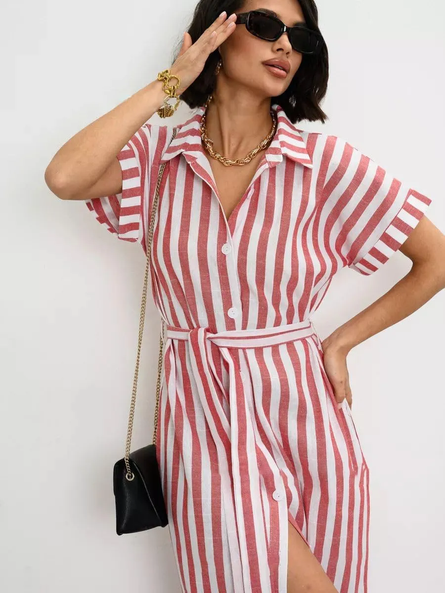 chouyatou Women's Summer Short Sleeve Striped Shirt Dress Beach Maxi Long Belted Casual Button Down Dress