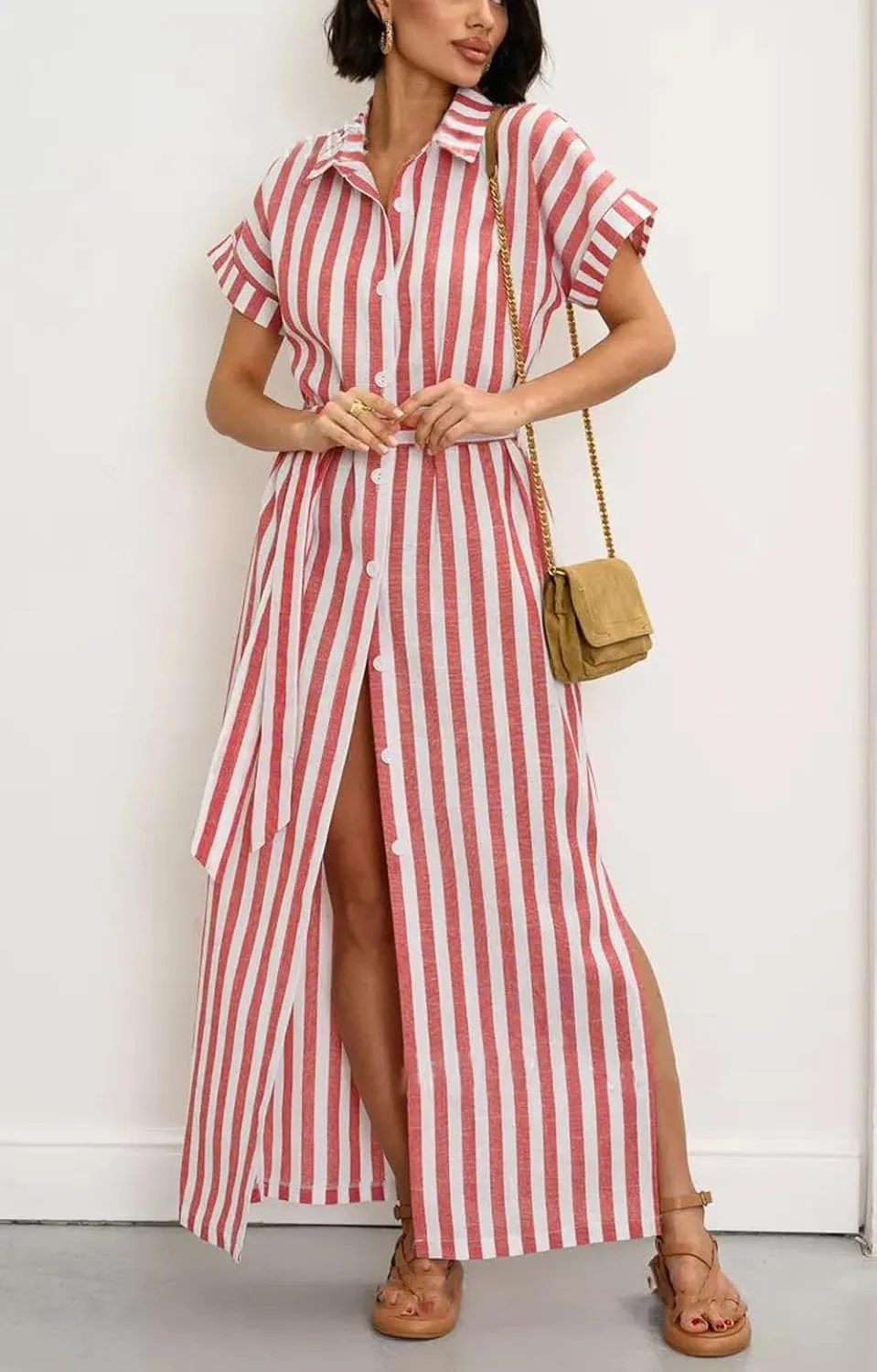 chouyatou Women's Summer Short Sleeve Striped Shirt Dress Beach Maxi Long Belted Casual Button Down Dress